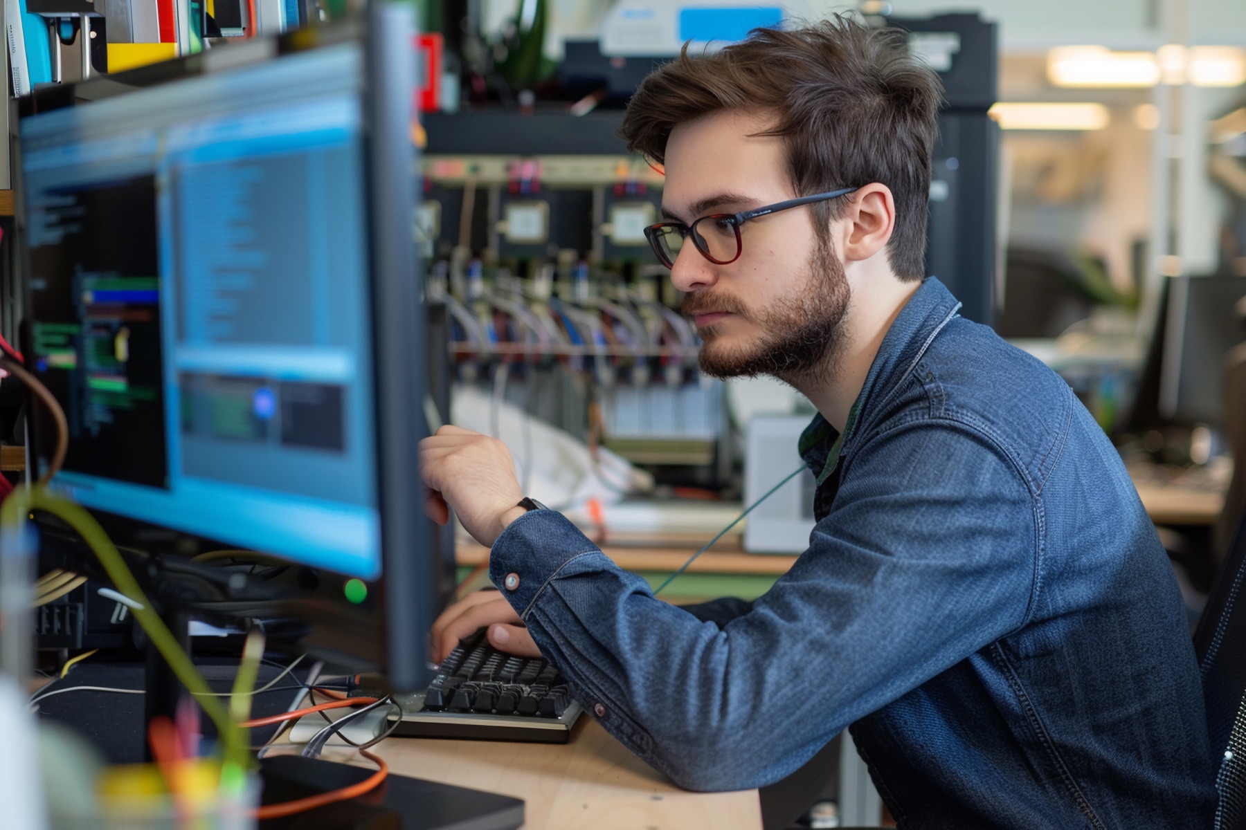Technicien au travail devant son poste, entouré de matériel informatique