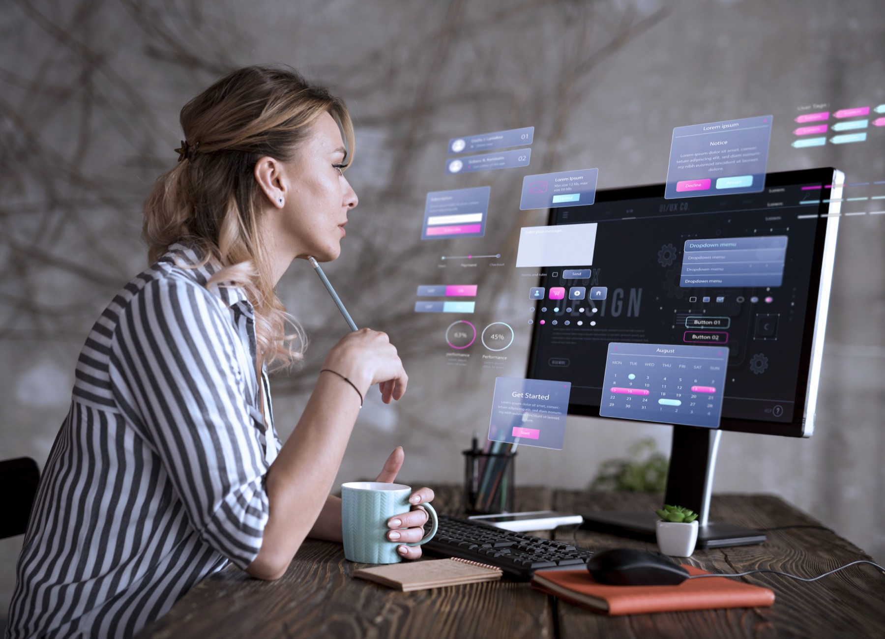Utilisatrice devant son écran, entourée d'interfaces d'applications